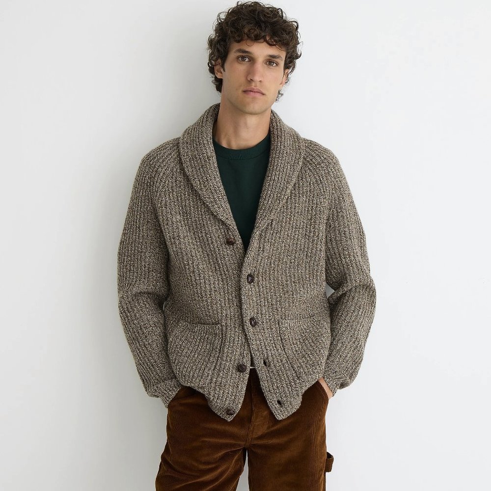 NWT J Crew Rugged Merino Wool Heavyweight Cowl Neck Shawl Cardigan Sweater Beige - Picture 4 of 5